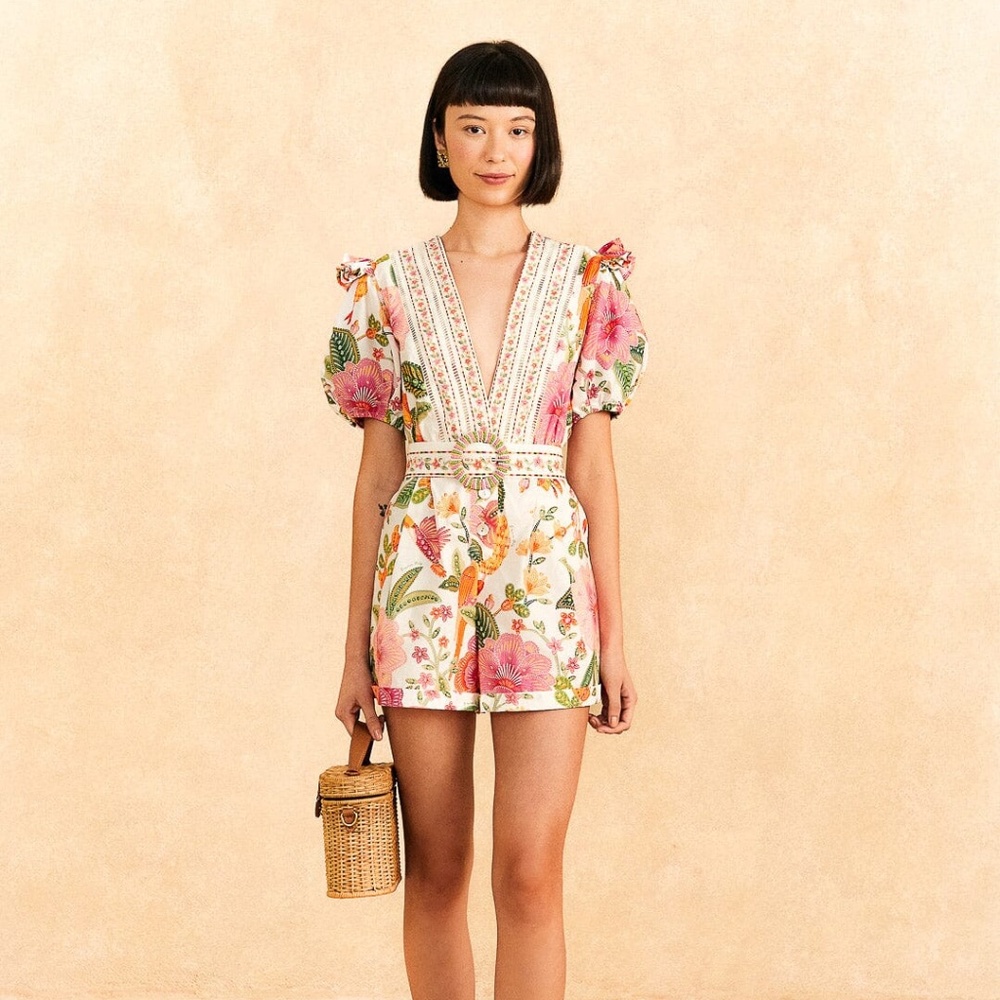 NWT FARM Rio Macaw Bloom Cotton Romper Off-White